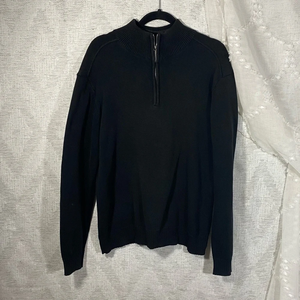 Oscar De La Renta Black Knit 1/4 Zip Mock Neck Pullover Sweater size L